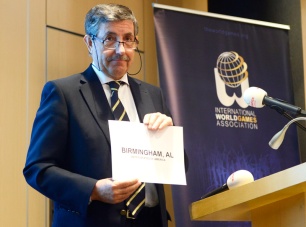 IWGA President Jose Perurena announces Birmingham, Alabama as host city of the 2021 World Games.